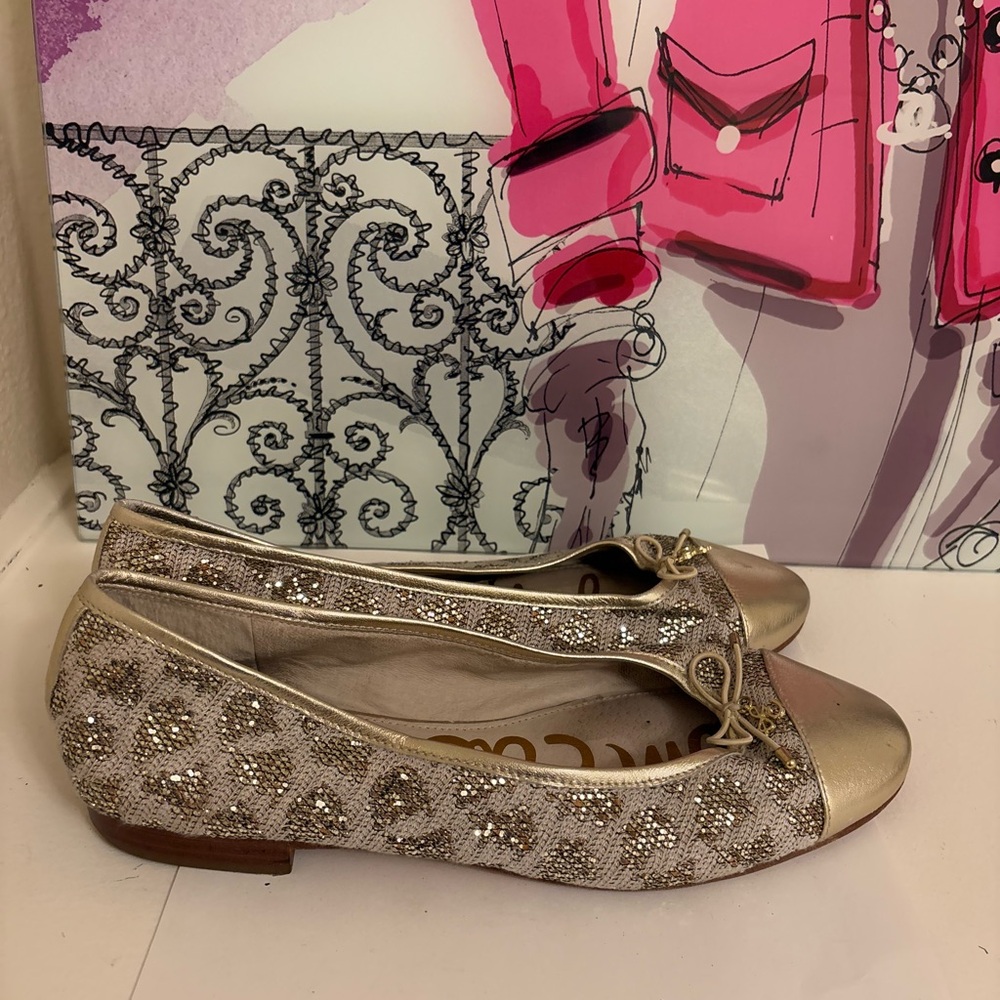 Sam Edelman Gold Sequin Ballet Flats with Bow and Charm - 9.5